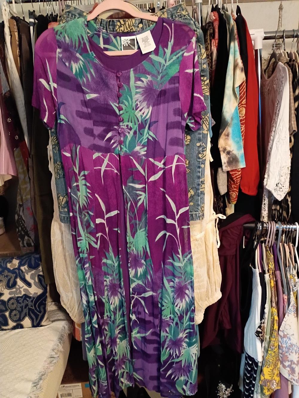 Purple Floral Short-Sleeve Maxi Dress with Green Leaf Print